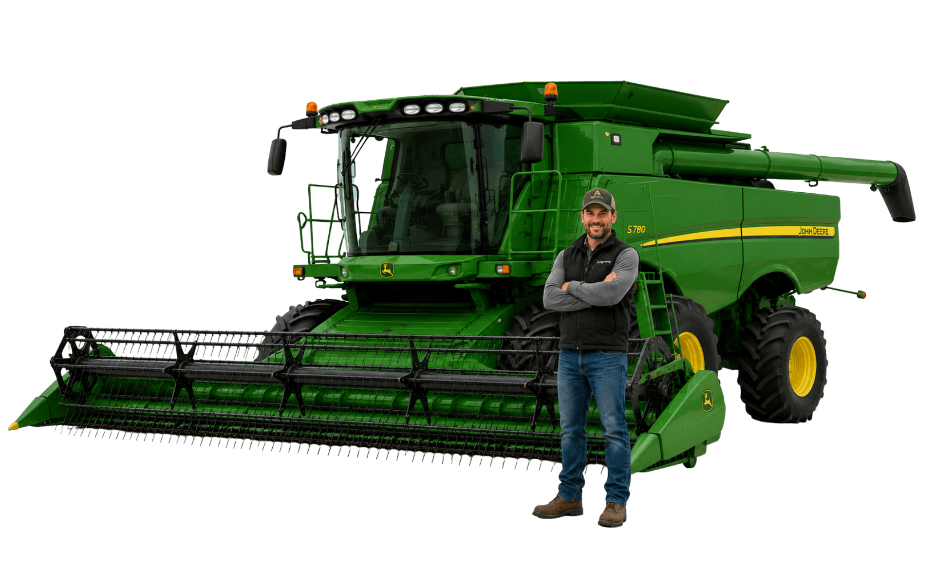 An ag service provider standing arms crossed beside a green combine harvester